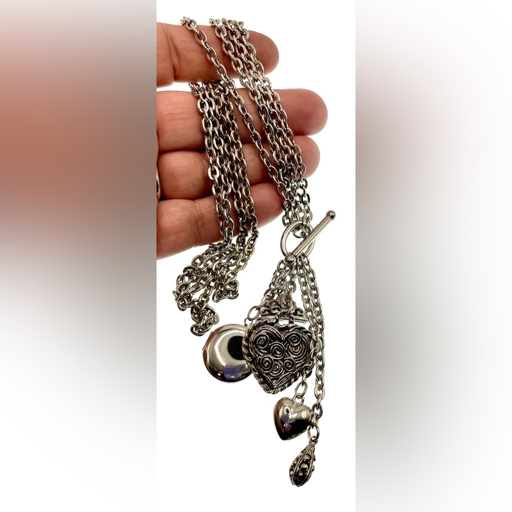 Silver Tone Double Chain Necklace Choker with Dangling Charms and Locket - Picture 5 of 8